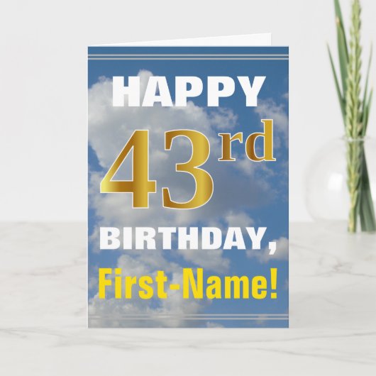 Bold, Cloudy Sky, Faux Gold 43rd Birthday + Name Kaart (Voorkant)