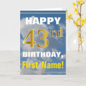 Bold, Cloudy Sky, Faux Gold 43rd Birthday + Name Kaart (Gele Bloem)