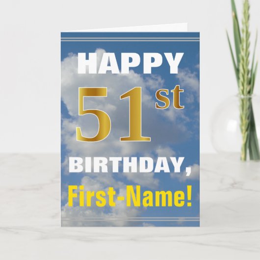 Bold, Cloudy Sky, Faux Gold 51st Birthday + Name Kaart (Voorkant)