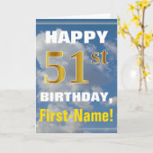 Bold, Cloudy Sky, Faux Gold 51st Birthday + Name Kaart (Gele Bloem)