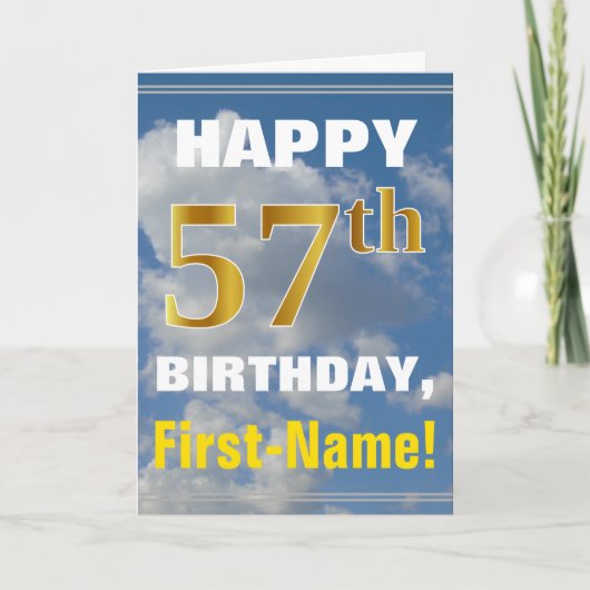 Bold, Cloudy Sky, Faux Gold 57th Birthday + Name Kaart (Voorkant)