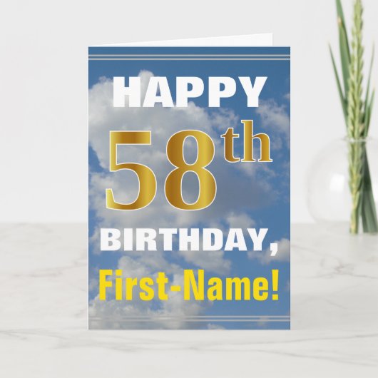 Bold, Cloudy Sky, Faux Gold 58th Birthday + Name Kaart (Voorkant)