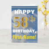 Bold, Cloudy Sky, Faux Gold 58th Birthday + Name Kaart (Gele Bloem)