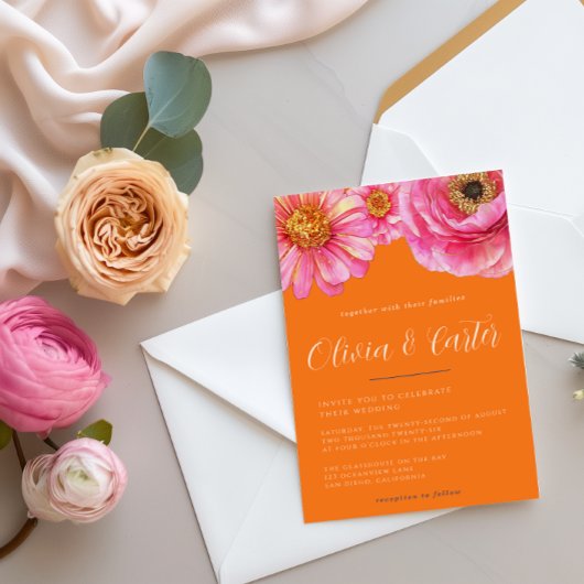 Bold Color Floral Wedding Invitation Kaart