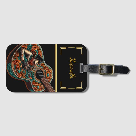 Bold Cowboy gitaar op zwart canvas Bagagelabel (Voorkant (horizontaal))