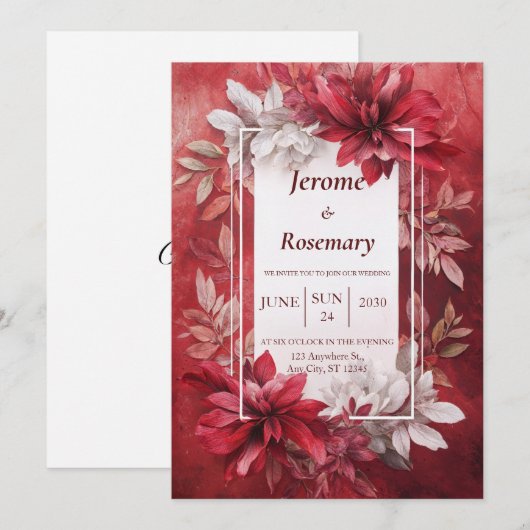 Bold Crimson Elegance Floral bruiloft uitnodiging (Voorkant / Achterkant)