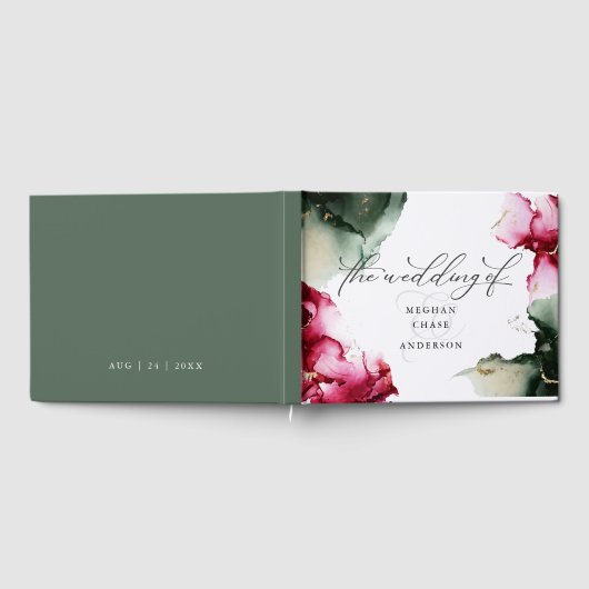Bold Crimson en Sage Green Waterverf Guest Book Gastenboek (Volledig)