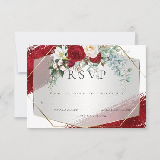 Bold Crimson Ivory Floral Folie Strokes RSVP Kaartje (Voorkant)