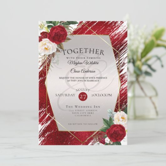 Bold Crimson Paint Stroke Red Peonies Kaart (Staand voorkant)