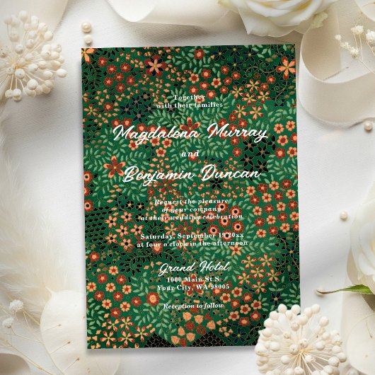 Bold Dark Green Red Floral Earthy Textile Wedding Kaart
