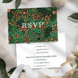 Bold Dark Green Red Floral Textile Wedding Meal RSVP Kaartje