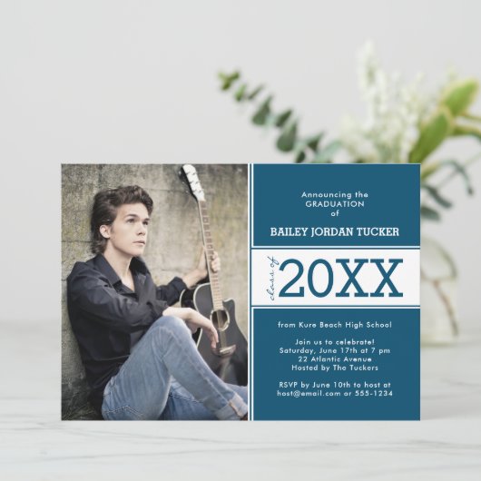 Bold Deep Blue Photo Afstuderen Aankondiging (Staand voorkant)