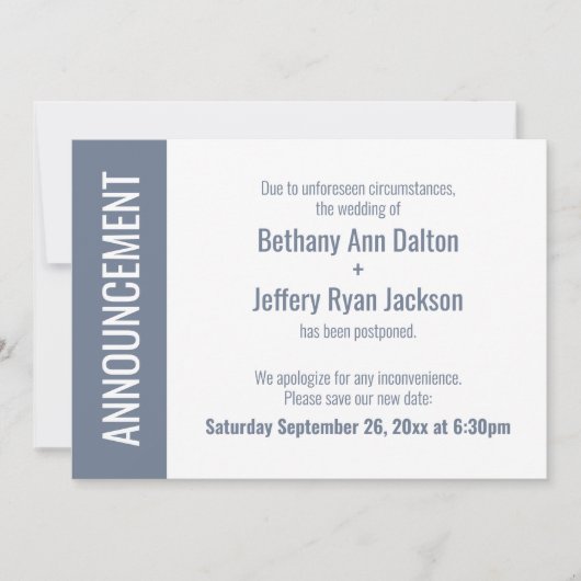 Bold Dusty Blue Uitgestelde bruiloft aankondiging (Voorkant)