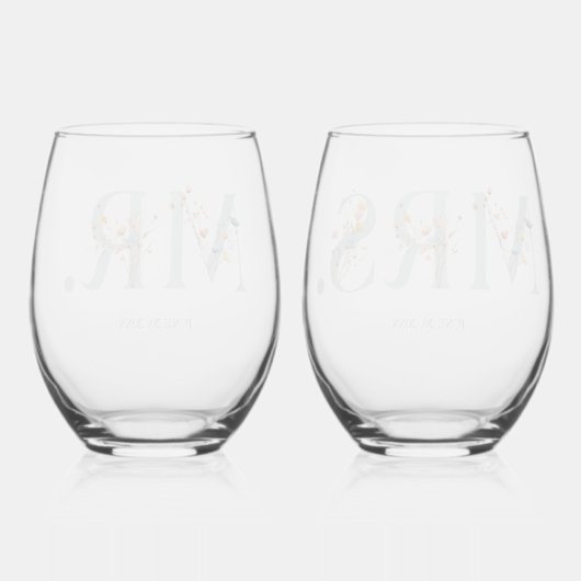 Bold Elegant Bloemen Bruiloft Mr. en Mrs. Wijnglas Zonder Voet (Achterkant)