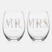 Bold Elegant Bloemen Bruiloft Mr. en Mrs. Wijnglas Zonder Voet (Voorkant)