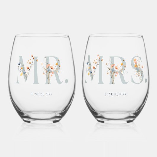 Bold Elegant Bloemen Bruiloft Mr. en Mrs. Wijnglas Zonder Voet (Voorkant)