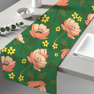 Bold Emerald Green and Peach Modern Floral Pattern Korte Tafelloper