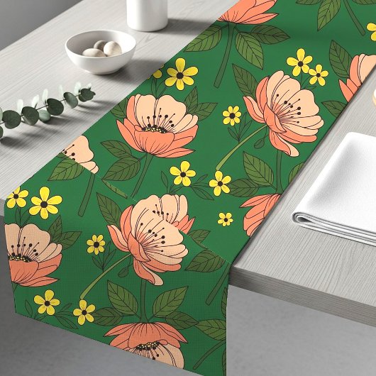 Bold Emerald Green and Peach Modern Floral Pattern Korte Tafelloper