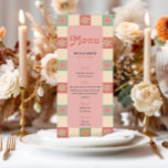 Bold en Retro Groovy bruiloft Menu<br><div class="desc">Dit gedurfde huwelijksmenu omvat een groovy jaren '70-thema, met levendige bloemen gecombineerd met een retro geruit patroon aan de voor- en achterkant, en ruimte voor u om uw eigen menudetails en initialen toe te voegen. Dit ontwerp is ideaal voor koppels die houden van charme met een eigentijdse twist. Ideaal voor...</div>