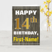 Bold, Faux Wood, Faux Gold 14th Birthday + Name Kaart (Gele Bloem)