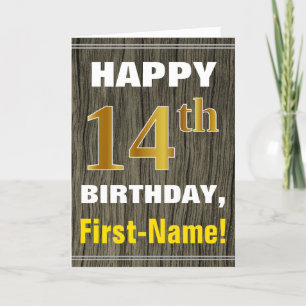 Bold, Faux Wood, Faux Gold 14th Birthday + Name Kaart