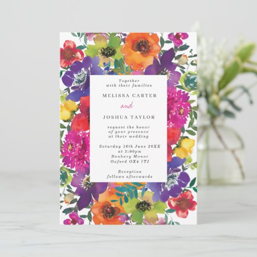 Bold Fiesta Colorful Flowers Summer Weddenschap Kaart (Staand voorkant)