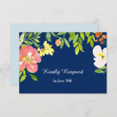 Bold Floral Border Navy Blue Wedding RSVP (Voorkant / Achterkant)