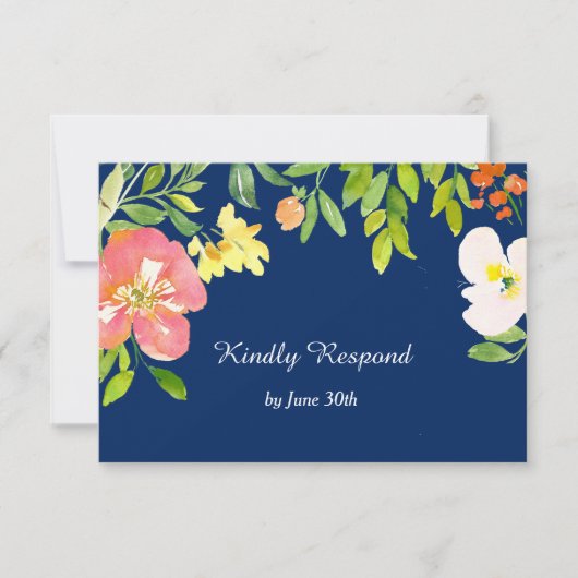 Bold Floral Border Navy Blue Wedding RSVP Kaartje (Voorkant)