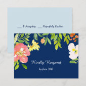 Bold Floral Border Navy Blue Wedding RSVP Kaartje (Voorkant / Achterkant)