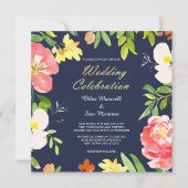 Bold Floral Border on Navy Blue Wedding Invitation Kaart (Voorkant)