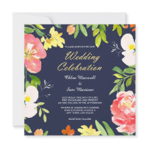 Bold Floral Border on Navy Blue Wedding Invitation