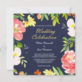 Bold Floral Border on Navy Blue Wedding Invitation Kaart