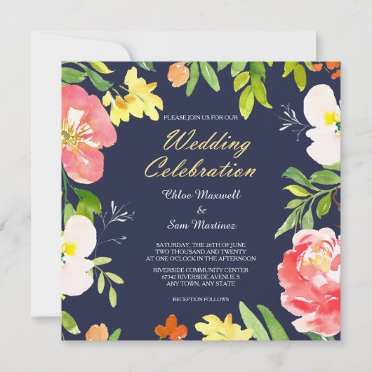 Bold Floral Border on Navy Blue Wedding Invitation Kaart (Voorkant)