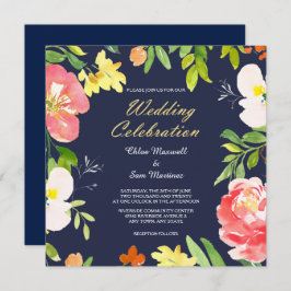 Bold Floral Border on Navy Blue Wedding Invitation Kaart