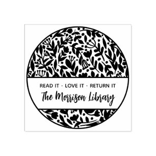 Bold Floral Botanical Round Library Name Bookplate Rubberstempel