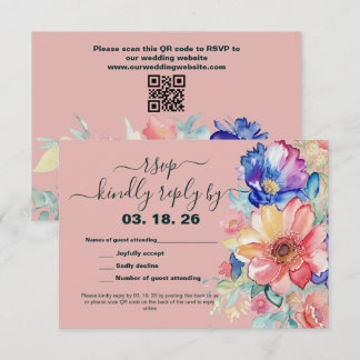 Bold Floral Coral Blush Pink Wedding  RSVP Kaartje
