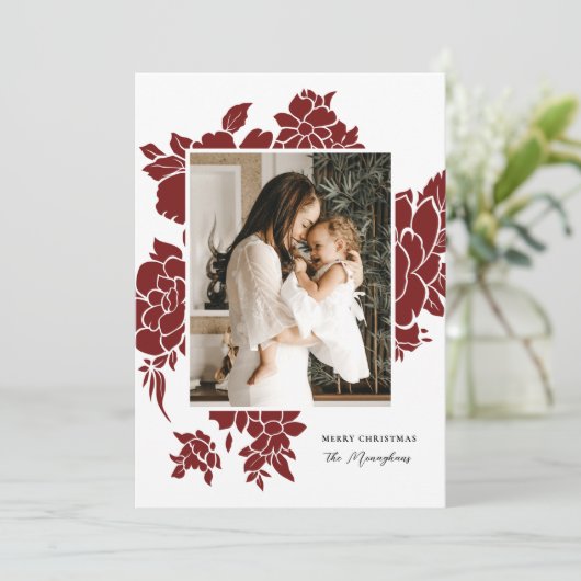 Bold Floral Cutout | Rood | Kerstfeest met foto's Feestdagenkaart (Staand voorkant)