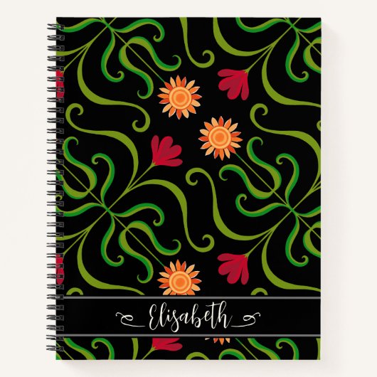 Bold Floral Damask Sunflower Boho Black Folk Art Notitieboek (Voorkant)
