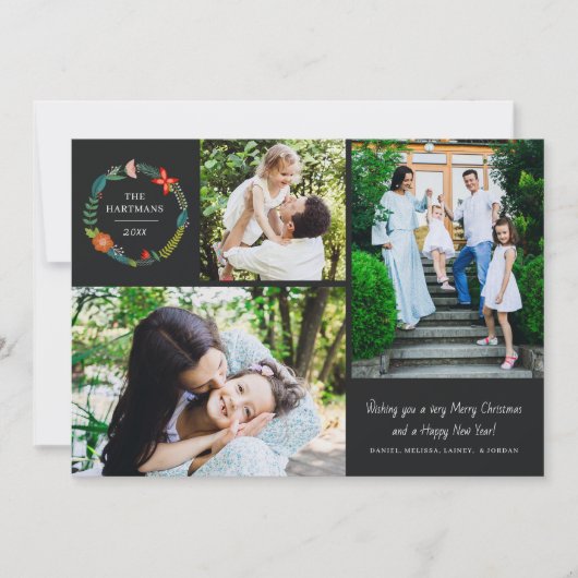 Bold Floral en Pine Wreate 3 Foto collage Feestdagenkaart (Voorkant)