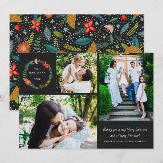 Bold Floral en Pine Wreate 3 Foto collage Feestdagenkaart (Voorkant / Achterkant)