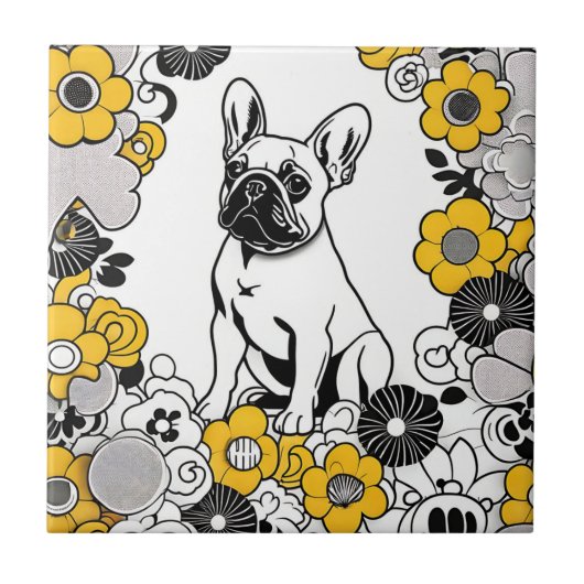 Bold Franse Bulldog Pop Kunstportret Tegeltje (Voorkant)