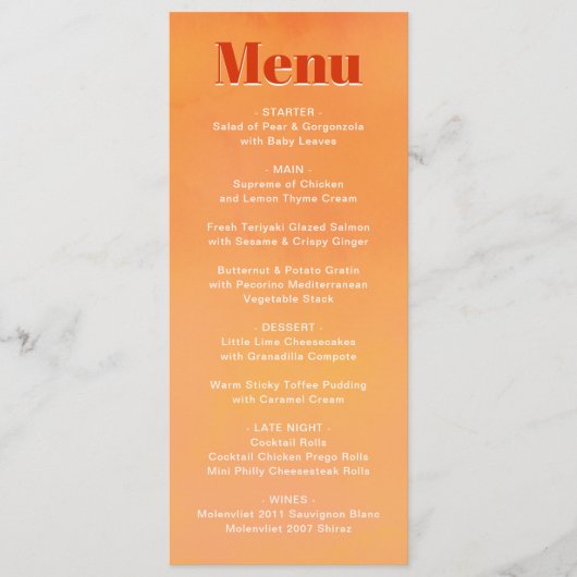 Bold Fun Modern Orange Sunset Monogram Wedding Menu (Voorkant)