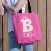 Bold fun typography monogram name pink white  tote bag