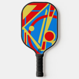 Bold Geometric Abstract in Red, Blue, and Yellow Pickleball Paddle