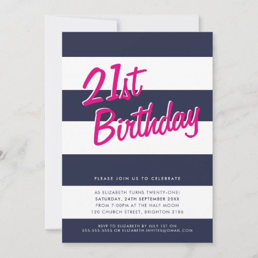 BOLD GESTREEPT verjaardagsfeest UITNODIGEN marine Kaart (Voorkant)