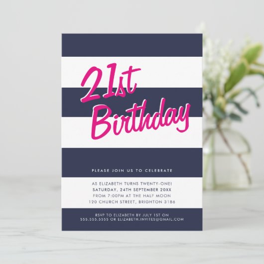 BOLD GESTREEPT verjaardagsfeest UITNODIGEN marine Kaart (Staand voorkant)