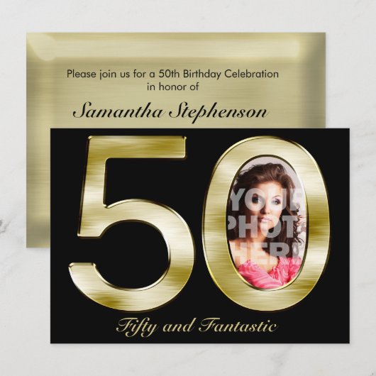 Bold Gold 50e foto Verjaardagsfeestuitnodiging Kaart (Voorkant / Achterkant)