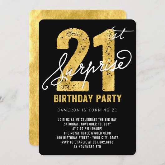 Bold Gold Foil Surprise 21e verjaardagsfeestje Uit Kaart (Voorkant / Achterkant)