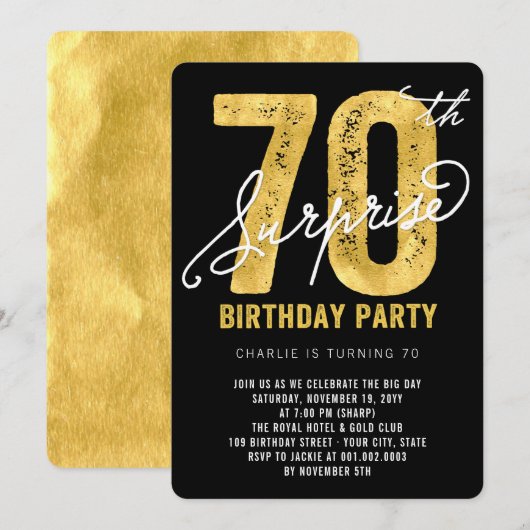 Bold Gold Foil Surprise 70e verjaardagsfeestje Uit Kaart (Voorkant / Achterkant)