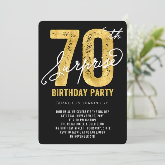 Bold Gold Foil Surprise 70e verjaardagsfeestje Uit Kaart (Staand voorkant)